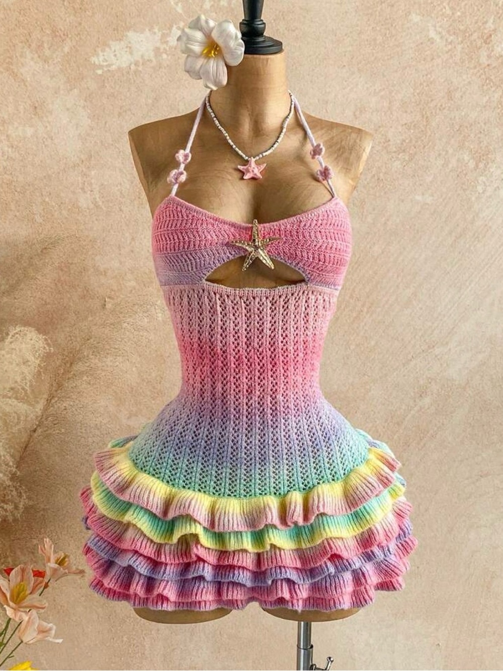 Pastel Rainbow Crochet Ruffle Mini Dress many sizes